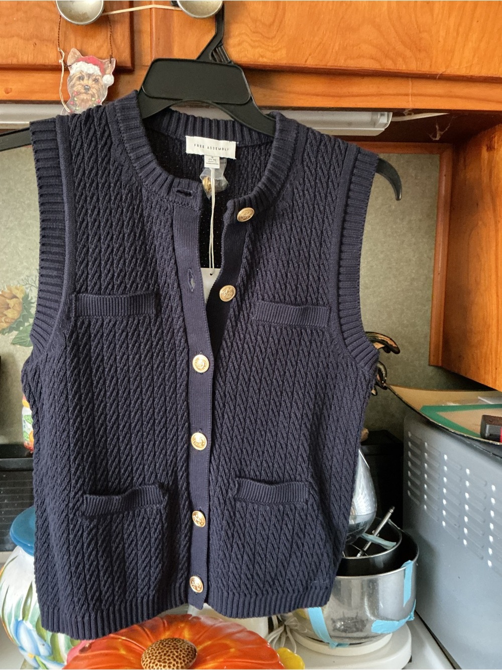 Navy Sleeveless Knit Cardigan with Gold Buttons - St. John Collection size Small